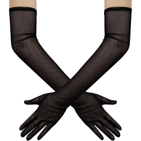 Accessories - Women's Tulle Mesh Black Long Stretchy Gloves Halloween Party Wedding Costume